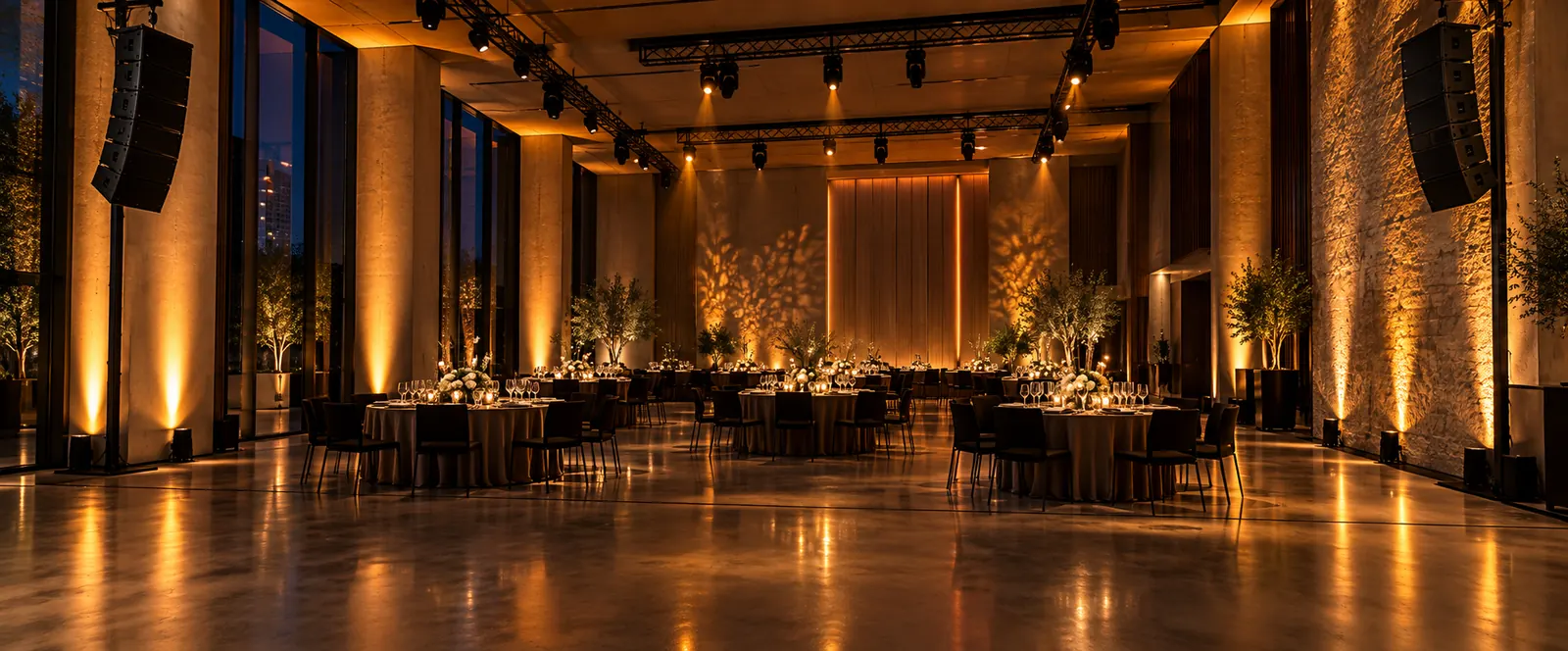 Salón de eventos con sistema de sonido colgado e iluminación cálida