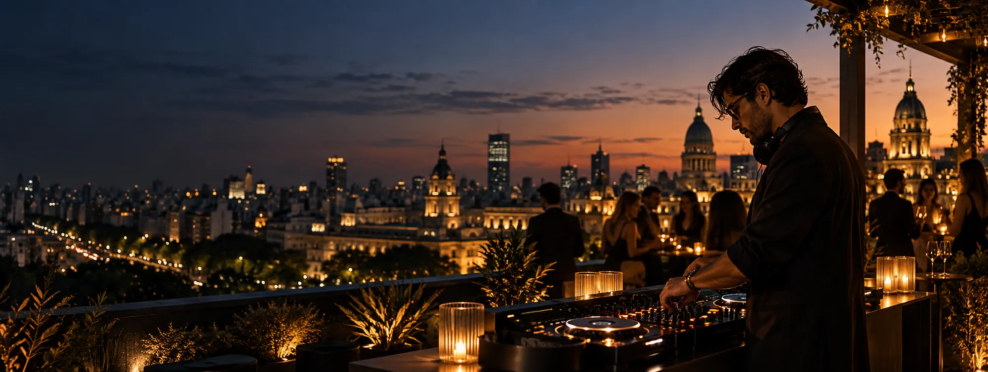 DJ de Hibiki mezclando en una terraza de Buenos Aires al anochecer, con invitados de fondo