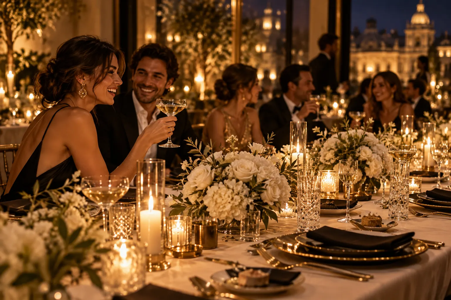 Invitados brindando en una mesa con flores blancas y velas